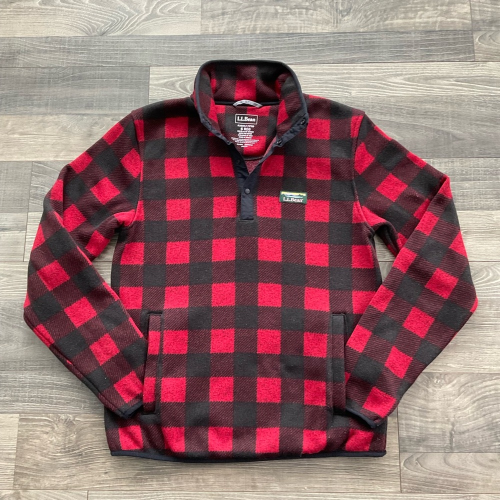 LL Bean 1/4 Snap Sweater Fleece Pullover Men SMALL Red Black Slightly Fit 500682